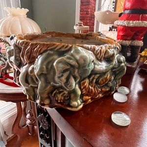 Vintage Pottery Elephants Planter Majolica Style art pottery signed rare